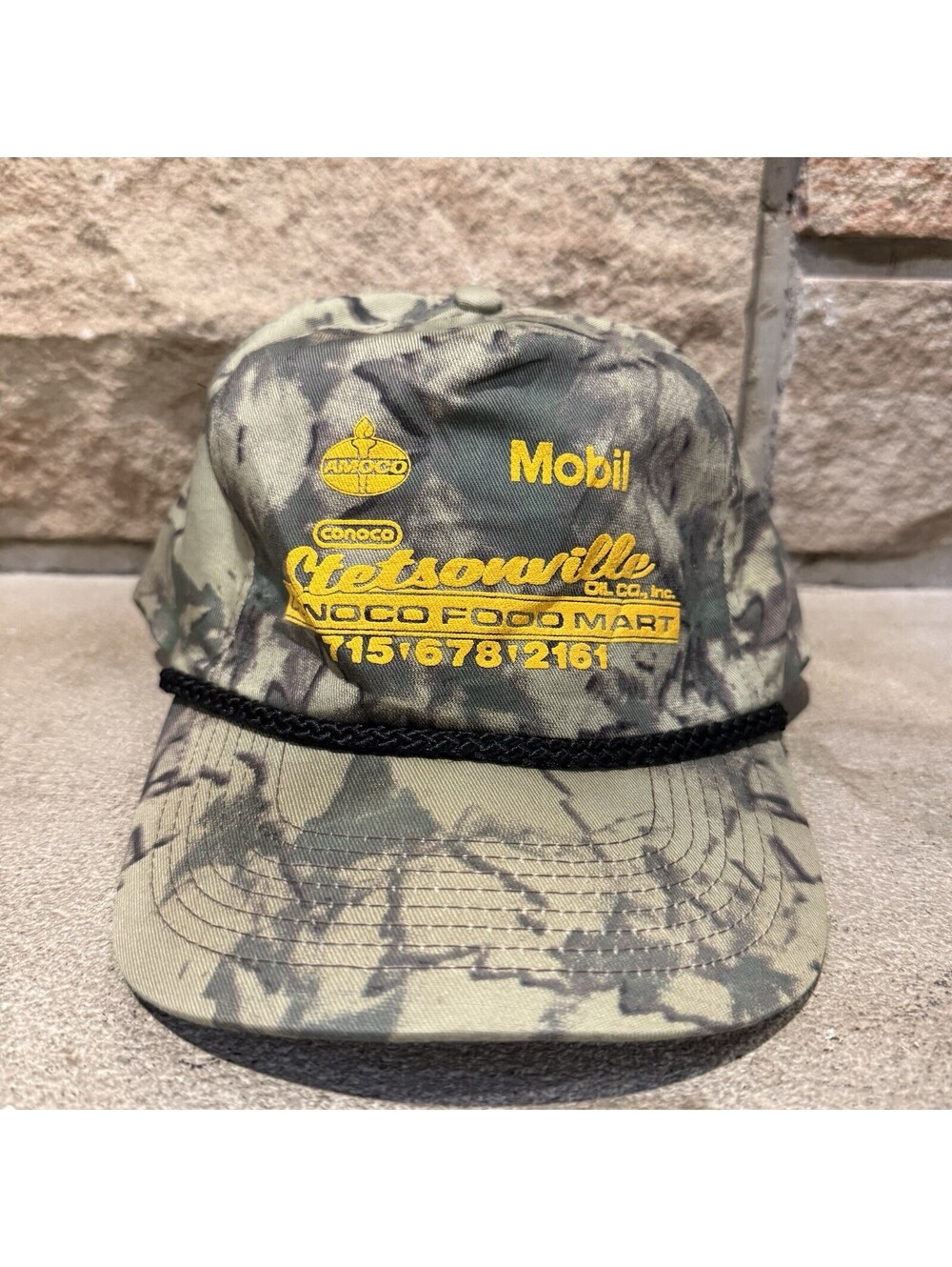 Vintage Gas Station Multi Logo Camo Rope Hat Snapback Mobil Amoco Conoco Cobra